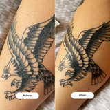 Side-by-side comparison of a detailed eagle tattoo: left shows the tattoo looking faded, right shows it refreshed and vivid. Text reads "Before" on the left, "After" on the right.